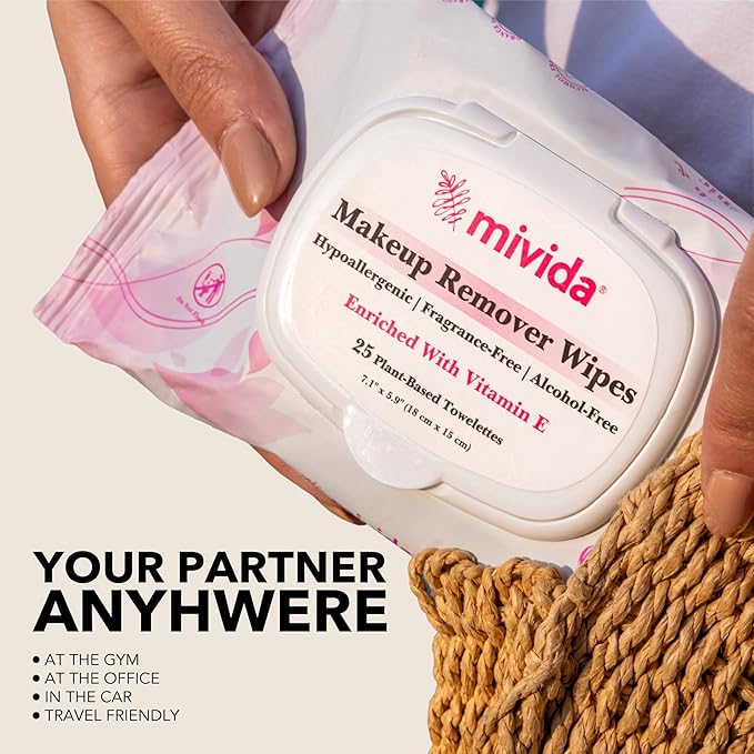 mivida Hypoallergenic Makeup Remover Wipes Bulk with Vitamin E, 500 count (20×25) Value box, Alcohol Free, Fragrance Free Makeup Wipes for Sensitive Skin, Travel Size Plant Based Facial Towelettes