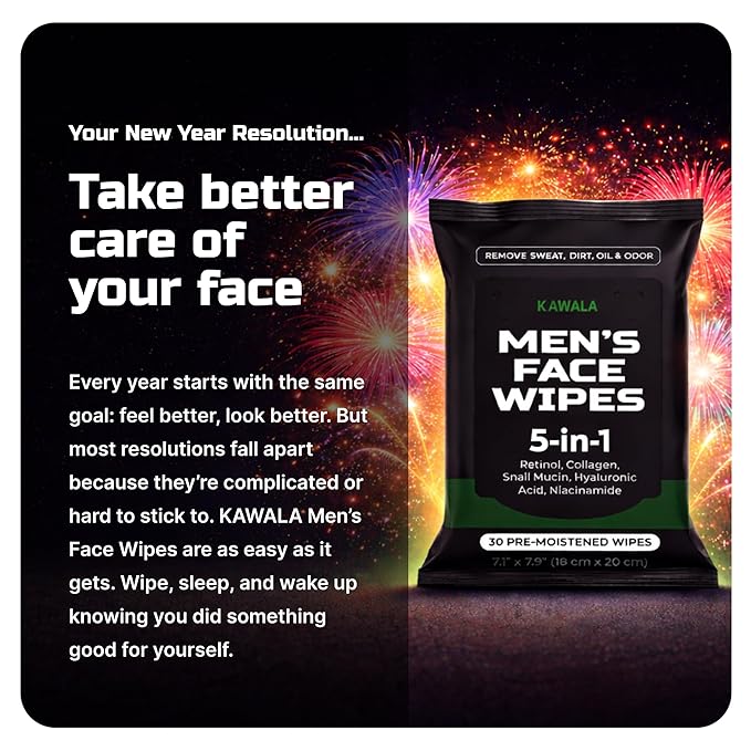 Mens Face Wipes 5-in-1 Anti-Aging Face Cleansing Wipes for Mens Skin Care with Retinol, Collagen, Snail Mucin, Hyaluronic Acid & Niacinamide – Alcohol-Free for Oily or Acne-Prone Skin Woodsy Scent