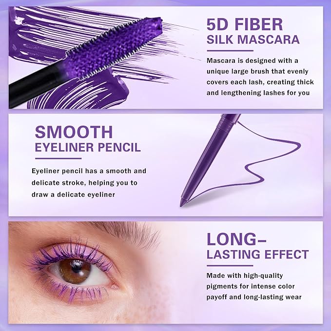 Purple Mascara and Eyeliner Set 5D Coloured Mascara for Eyelashed, Volumizing Curling Defining Eye Lashes, Long-Lasting Waterproof Purple Makeup