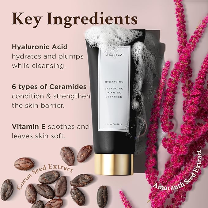 MATKAS Korean Facial Cleanser with Cocoa Seed Extract 6.8 Fl. Oz. - Low pH Hydrating Korean Skin Care Foaming Face Wash for Dry Skin, Face Makeup Remover Cleanser for Sensitive, Oily Skin + Ceramides