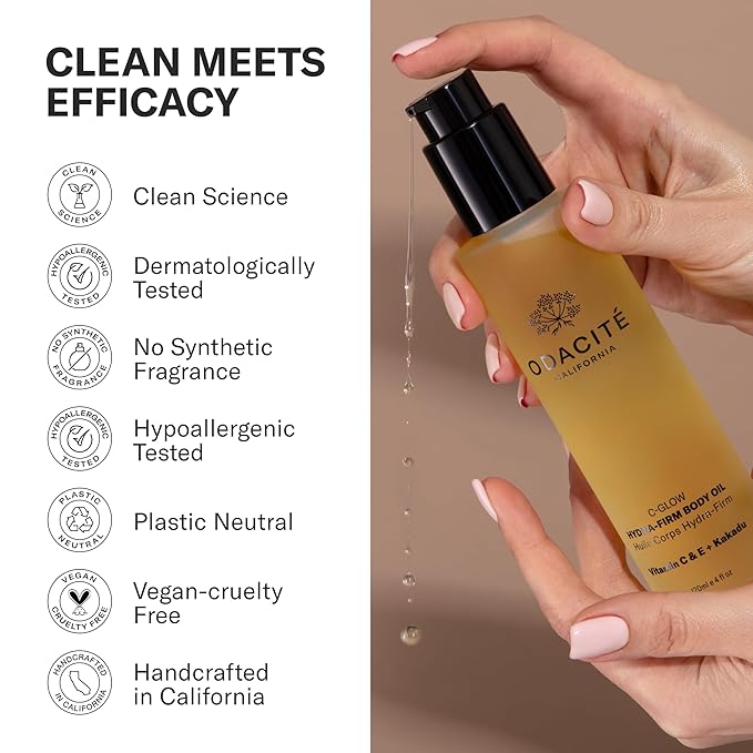 Odacité C-Glow Hydra-Firm Body Oil, Vitamin C + Kakadu Plum Brightening & Firming Body Treatment for Dry, Sensitive Skin, Hydrating Antioxidant Body Oil, 4 oz / 120 ml
