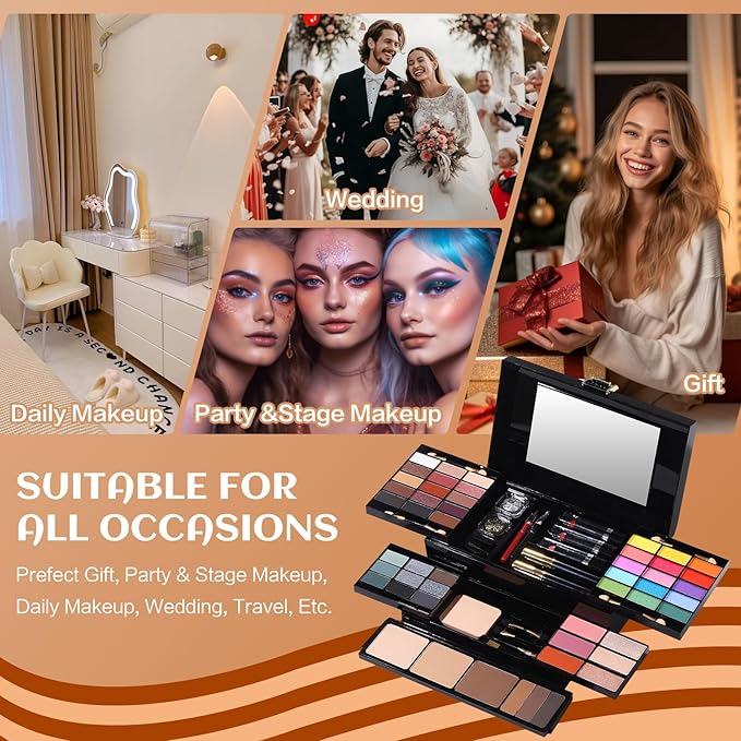 Professional Makeup Kit for Women Girl Full Kit with Mirror 60 Colors All in One Make up Gift Set Included Eyeshadow,Blusher,Highlighter,Compact Powder,Brow Powder,Lipstick,Glitter,Eyeliner,Mascara 02