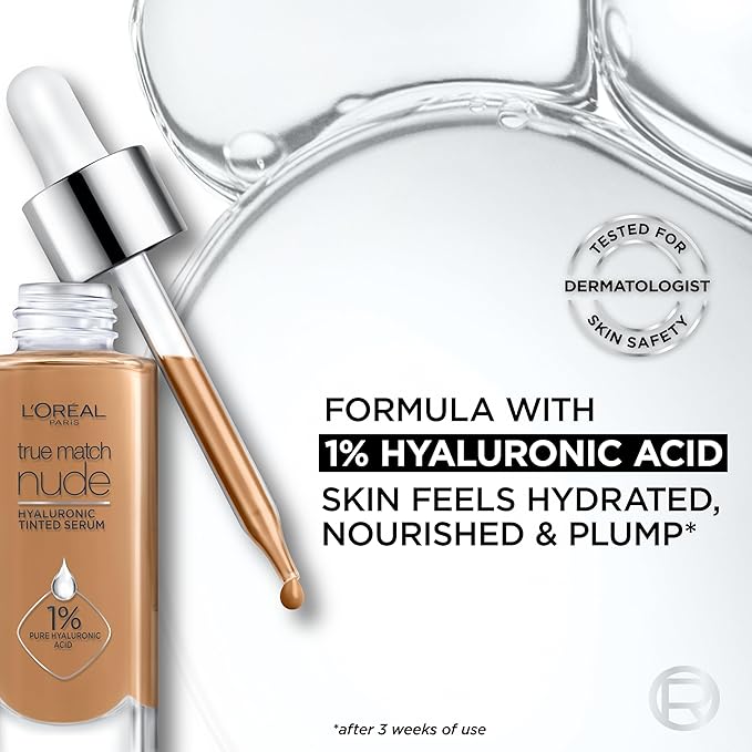 L'Oreal Paris True Match Nude Hyaluronic Tinted Serum Foundation with 1% Hyaluronic acid, Very Deep 10-12, 1 fl. oz.