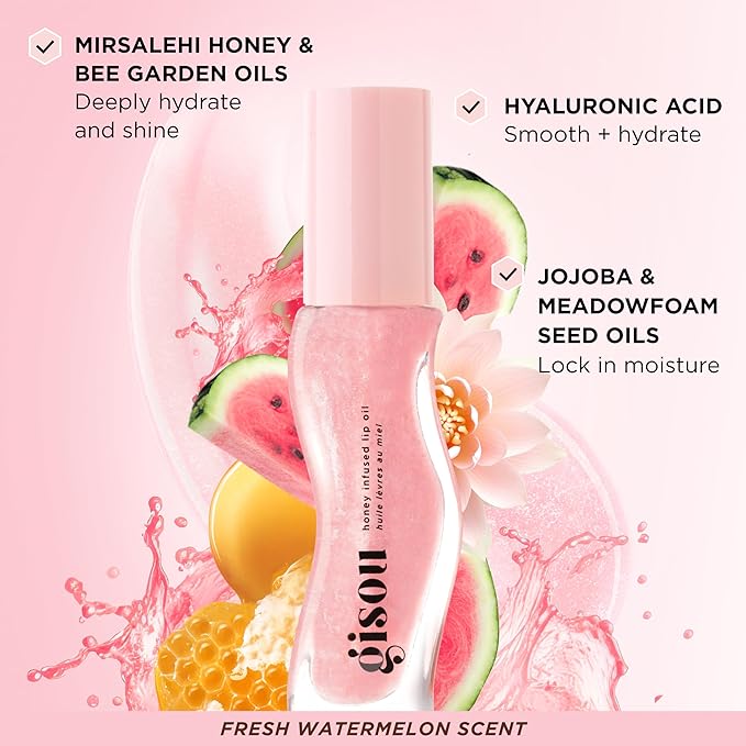 Gisou Honey Infused Hydrating Lip Oil, Nourishing Lip Moisturizer for Dry Lips (Watermelon Sugar)