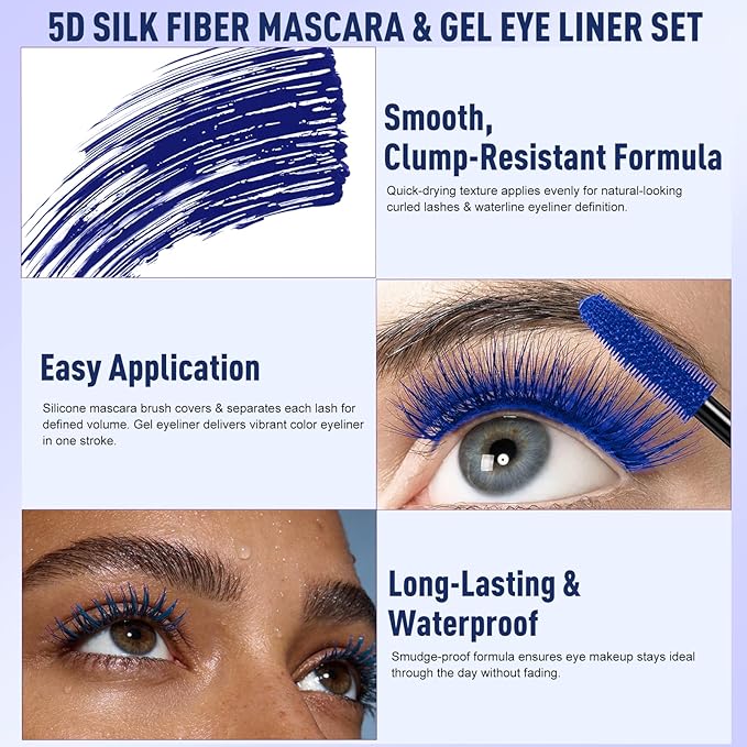 Blue Mascara Eyeliner Pencil Set, 5D Colored Mascara Volume Length Smudge-Proof Smooth Shine Gel Eye Liner Pen Waterproof Natural Curling for Eyelashes Makeup for Women