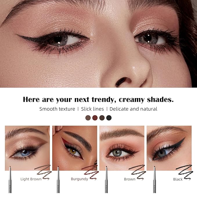 4 Pcs Cream Eyeliner Pencils Set, Waterproof Matte Eyeliner Pens, Smooth and Long-Lasting Gel Cream Eye Liner Pencils kit Makeup for Women, Black & Brown & Burgundy & Light Brown