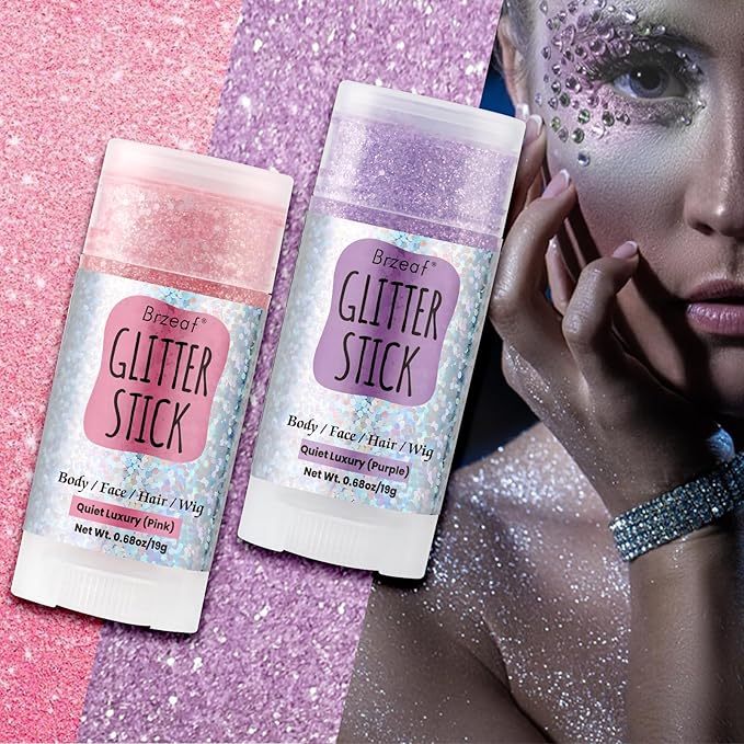 Brzeaf Waterproof Purple Glitter Stick, Shimmery&Long Lasting, Christmas Chunky Glitter for Face/Body/Hair/Eyes, Singer Concert Music Rave Festival, Glitter Stick Makeup for Women Men