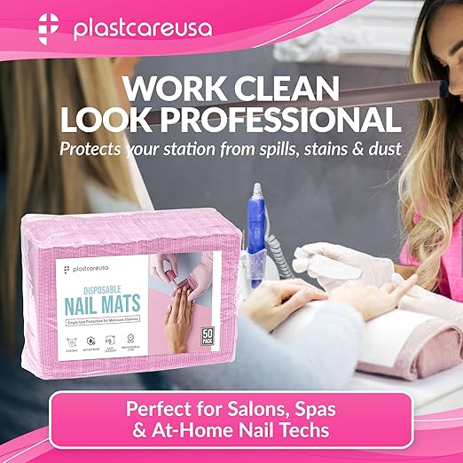 Disposable Nail Mats 50 Pcs - Salon Paper Towel and Table Cover for Nail Tech - 3 Ply Waterproof Manicure Prep Pads - Acrylic Art Supplies and Accessories (Pink)