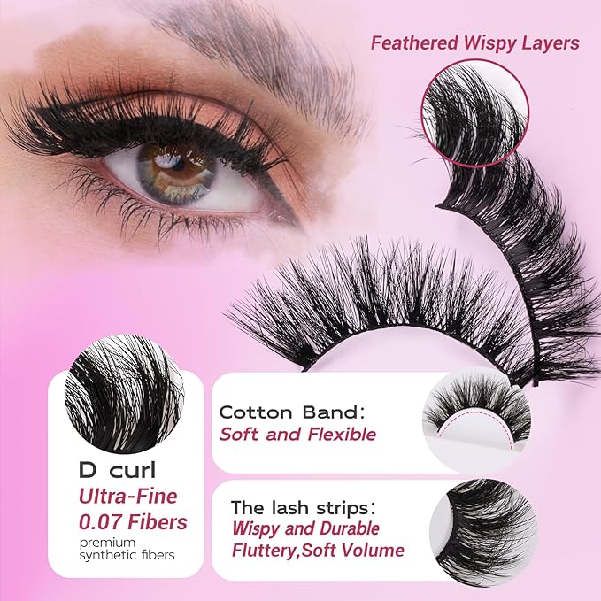 Cat Eye False Eyelashes Wispy Fluffy Volume Dramatic Long Strip Lashes Lightweight Natural Look Easy to Apply Reusable Faux Mink Lashes for Daily and Glam Makeup 7 Pairs
