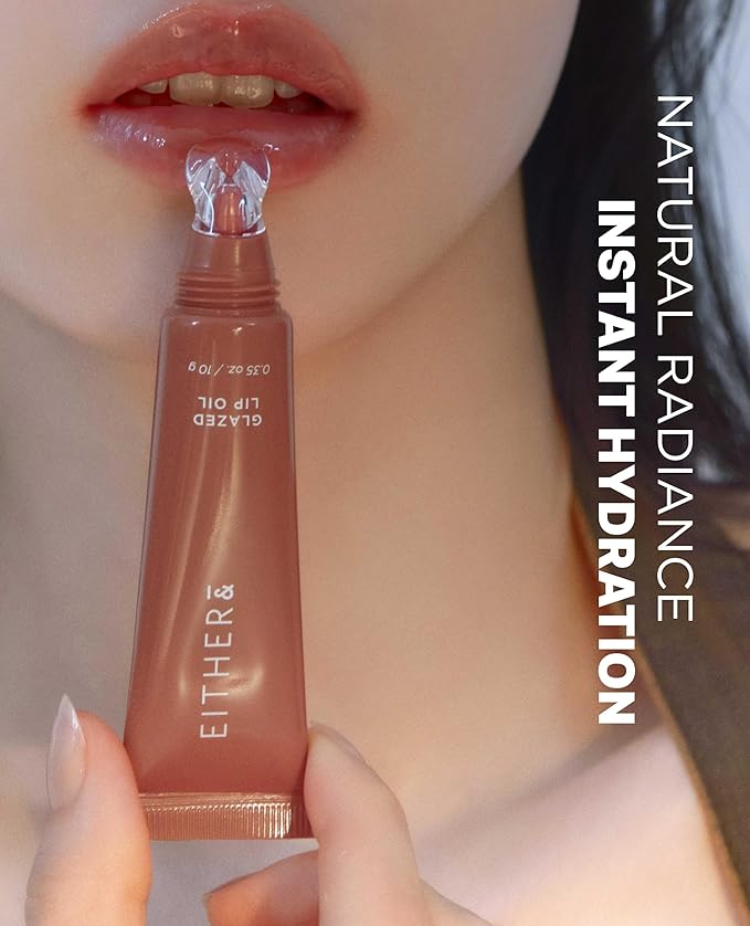 EITHER& Glazed Lip Oil – Non-Sticky Tinted Lip Balm with Peptides for Hydration & Glossy Finish, High-Gloss Moisturizing Lip Care for Dry Lips, 04 Hazel Muse (10g)