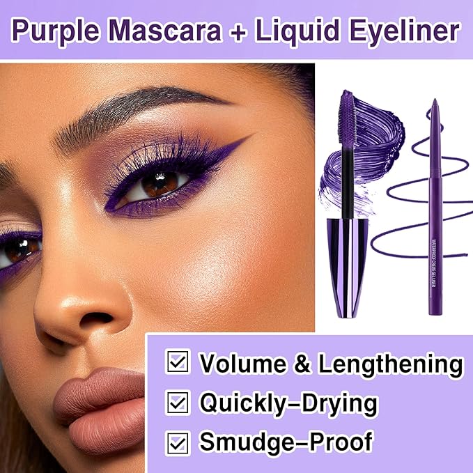 Purple Mascara and Eyeliner Set, 5D Colored Volume and Length Waterproof, Purple Mascara for Eyelashes, Natural Lengthening Curling, Suitable for All Skin Types