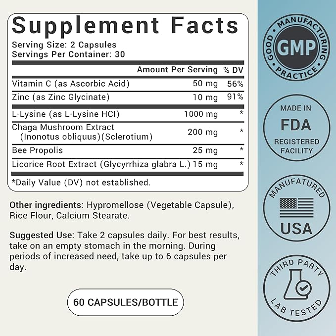 (3-Pack) Cold Sore Treatment For Lips With Immune Support | L-Lysine 1000mg Capsules, Chaga, Bee Propolis, Vitamin C, Zinc & Licorice Root Extract | Non-GMO, Vegetarian, 180 Capsules for Men and Women