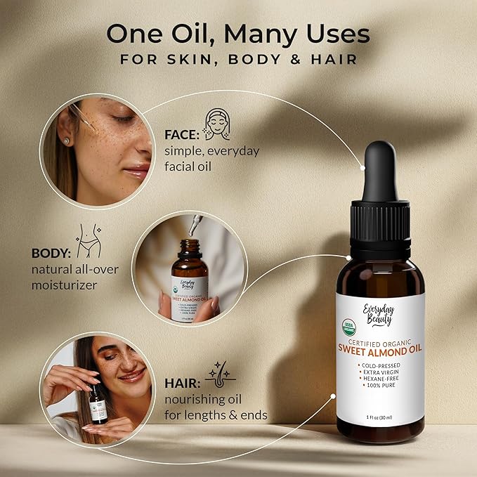 Organic Sweet Almond Oil | 100% Pure, Cold-Pressed, Unrefined | USDA Certified Organic | Amber Glass Bottle with Glass Dropper | For Face, Skin & Hair - 1 Fl Oz