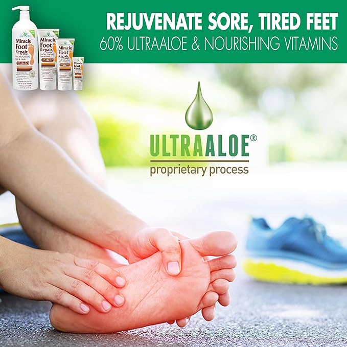 Miracle Foot Repair Cream (8 oz / 4-Pack) Repairs Dry Cracked Heels and Feet, 60% Pure UltraAloe Moisturizes, Softens, and Repairs