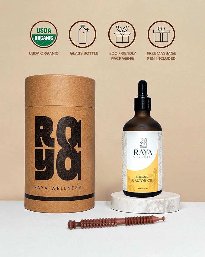 RAYA WELLNESS - USDA Organic Castor Oil with Organic Cotton Knee Pack - Glass Bottle - 3.4 fl oz (100 ml)