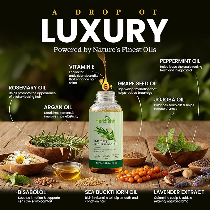 Herbishh Rosemary Hair Essence Oil (50 ml) With Peppermint & Lavender – Growth Oil for Hair Thickening, Dry Scalp Treatment, Helps Support Regrowth & Reduce Breakage, For Men & Women