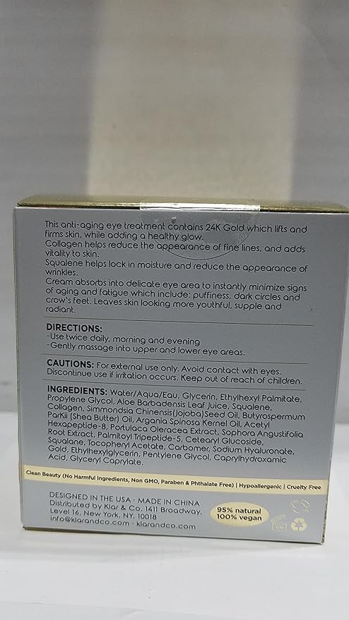 Clear Beauty 24k Gold & Collagen Under Eye Cream - Hydrating, Firming & Anti-Aging - Dermatologist Tested, Clean Beauty & Cruelty-Free Korean Skin Care for All Skin Types - 1 Fl. Oz