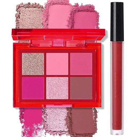 BOBISUKA Eyeshadow + Matte Lipstick Makeup Kit, 6 Colors Pink Rose Plum Shimmer Matte Gold Metallic Eye Shadow Pallet with Red Liquid Lipstick Makeup Set for Halloween, Daily,Parties, Concert