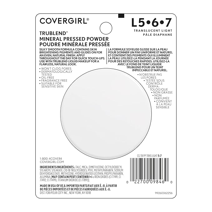 COVERGIRL truBlend Pressed Blendable Powder, Translucent Light L5-7, 0.39 Ounce (Packaging May Vary) Mineral Powder Makeup, Suitable for Sensitive Skin