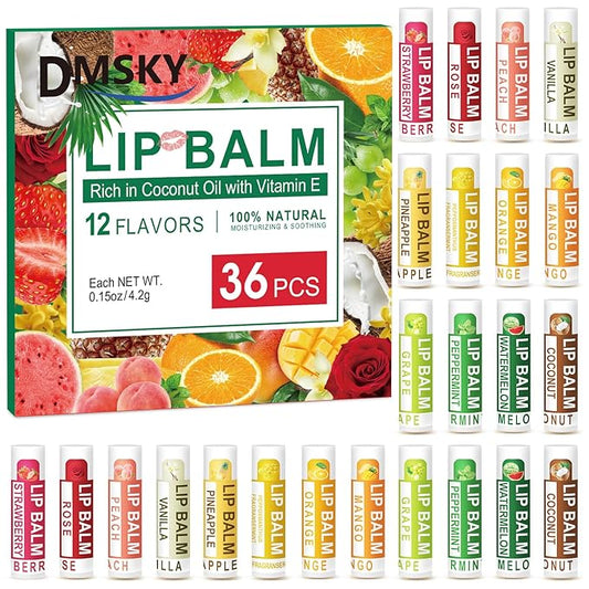 DMSKY 36 Pack Lip Balm, Natural Lip Balm Bulk with Vitamin E and Coconut Oil, Moisturizing Lip Care Product for Dry Cracked Lips- 12 Flavors