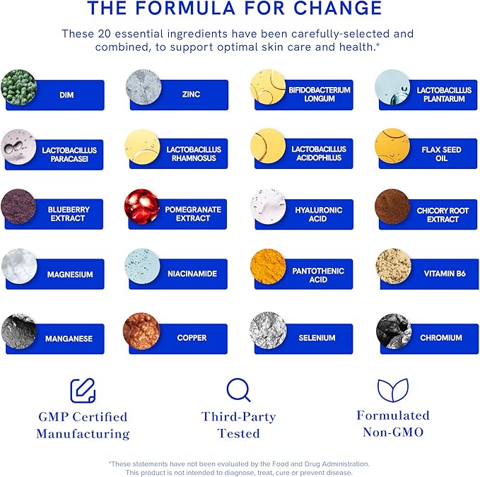 Clear Skin Supplement with Zinc, DIM & Probiotics | 3-in-1 Balance, Glow & Health Skin Support | Triple Action Hyaluronic Acid, Niaciminide & Vitamins for Hormone, Complexion & Gut Support | 60 Ct