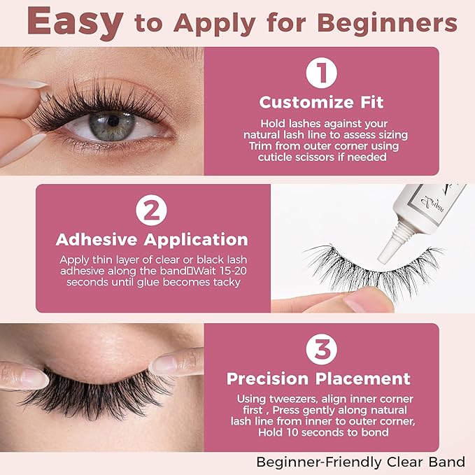 Clear Band Natural False Eyelashes – Lightweight Wispy Lash Strips for Daily Wear, Invisible Band Natural Cat Eye Look, 7 Pairs Reusable