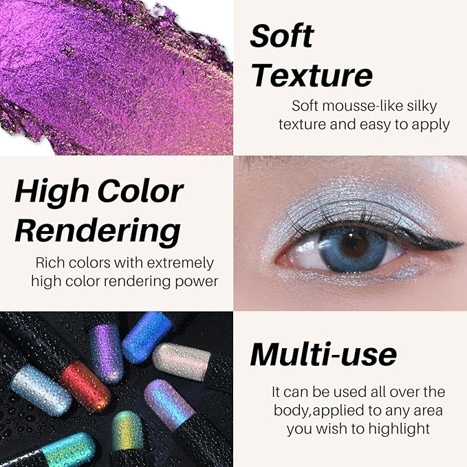 CHARMACY New Duochrome Long Stay Eyeshadow Stick, Creamy Eye Shadow Stick, Multicolor-Shifting Glitter Eyeshadow, Waterproof & Smudge-Proof, High Pigmented, Built-in Smudger #03