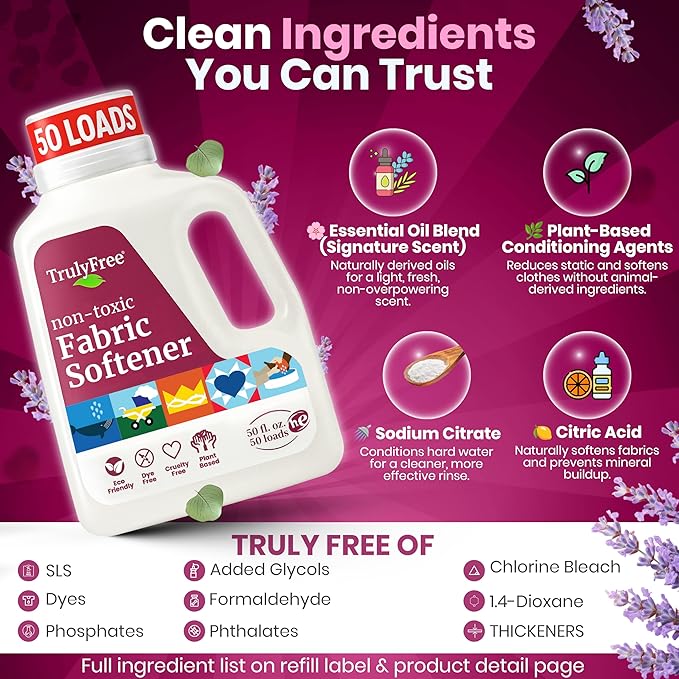 Truly Free Fabric Softening Conditioner for Clothes| Safe for Babies & Kids with Sensitive Skin | Plant-Based | Includes 4 Refills| Signature Scent Rinse(200 Loads)