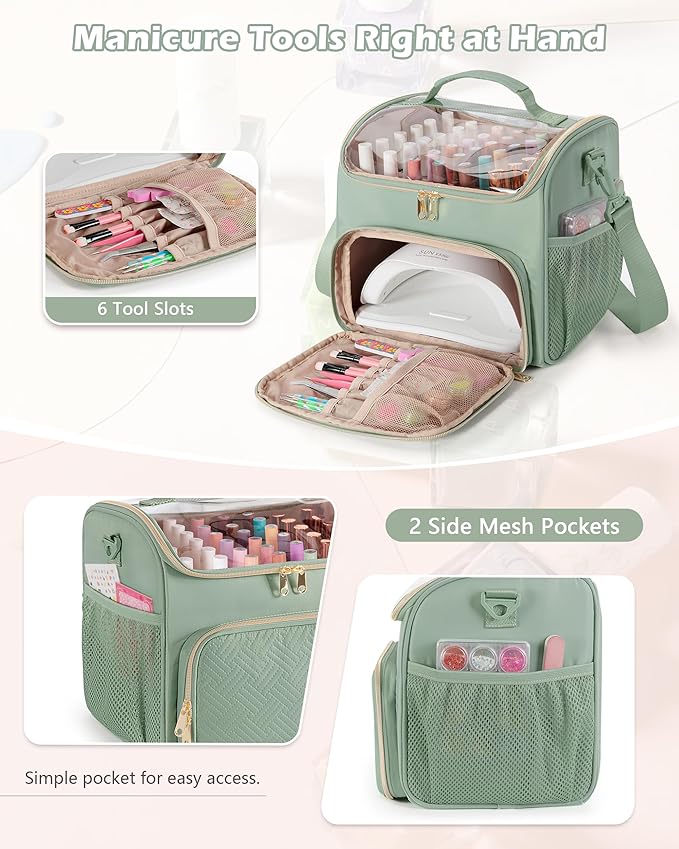 Nail Polish Organizer Bag Holds 42 Bottles(15ml/0.5 fl.oz), Double Layer Nail Storage Case for Gel Polish and Manicure Tools, Travel Nail Bag, Green