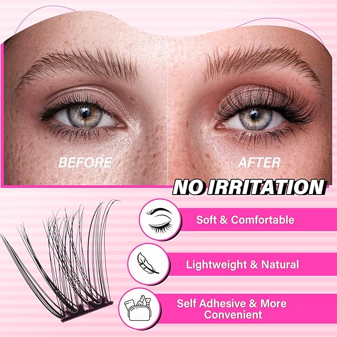 PRO Self Adhesive Eyelashes Kit Press On Lashes 120pcs Lash Clusters Lash Fixative Lash Remover Lash Applicator Eyelash Extension Kit Easy To Apply At Home Lash Extension Kit (Begonia,D-10-18mix Kit)