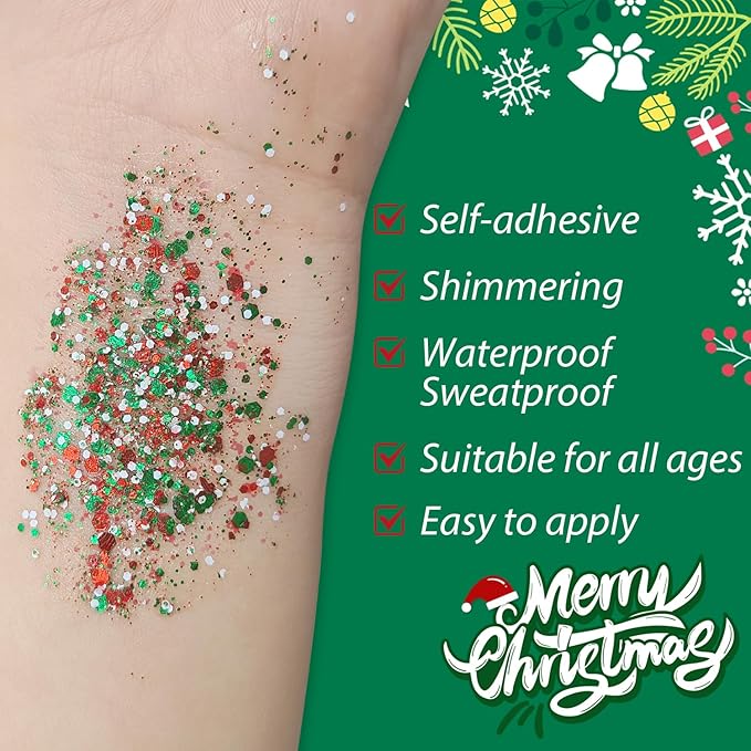 Christmas Body Glitter Stick, Waterproof Halloween Face Glitter Gel, Chunky Glitter Face Paint, Green Red White Sequin Hair Glitter Makeup for Women and Kid (Green Red White)