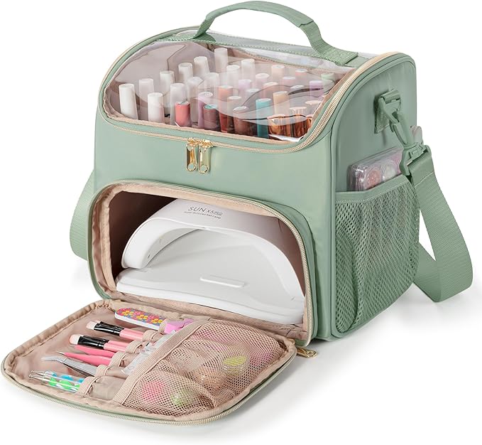 Nail Polish Organizer Bag Holds 42 Bottles(15ml/0.5 fl.oz), Double Layer Nail Storage Case for Gel Polish and Manicure Tools, Travel Nail Bag, Green