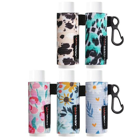 HEYSKAY 5pcs Lip Balm Holder Keychain Lipstick Sleeves Chapstick Elastic Sleeves for Men Women(Daisy/Tulip/Leo)