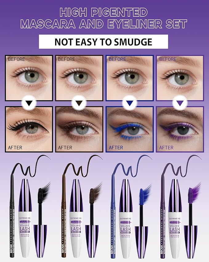 Purple Waterproof Colored Mascara&Eyeliner,5D Fiber Mascara for Eyelashes Volume and Length,Smudgeproof Color Waterline Gel Eye Liner Pen Lengthening Curling Máscara Women Party Stage Use Makeup Gift