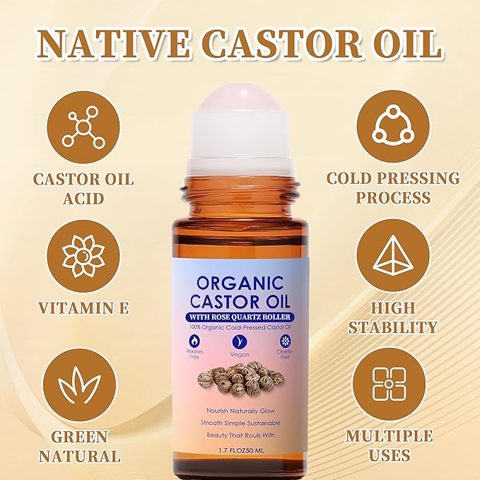 2-Pack Organic Golden Castor Oil Roller Ball Essential Oil, 100% Pure Natural, Holistic Goddess Frankincense and Castor Oil Suitable for Skin, Rose Quartz, Deep Moisturizing, Cold Pressed, 1.7 Fl Oz
