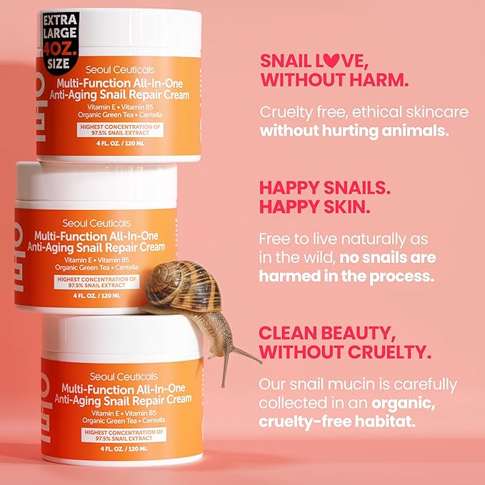 SeoulCeuticals Large 4oz 97.5% Snail Mucin Moisturizer Cream Korean Skin Care Day & Night Snail Repair for Face - K Beauty Anti Aging Facial Skincare