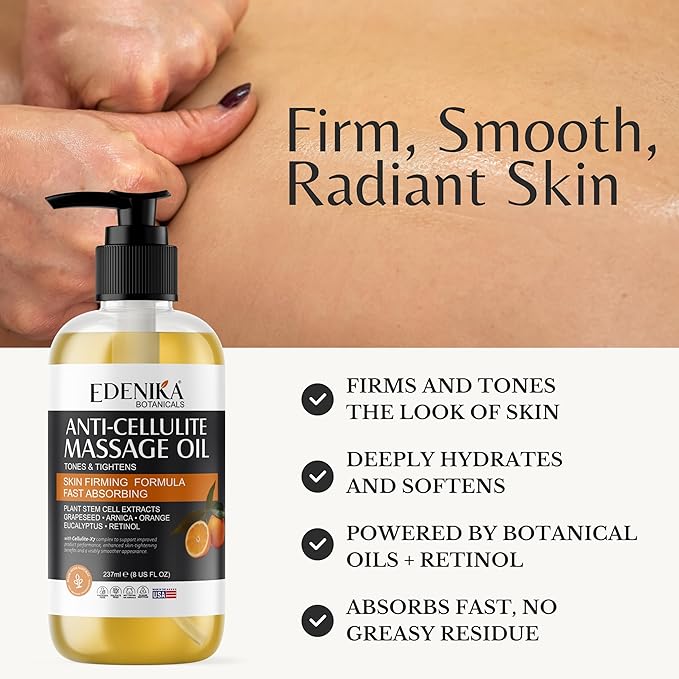 Natural Anti-Cellulite Massage Oil with Grapefruit Oil, Caffeine & Retinol, Firming Body Oil for Cellulite on Legs, Thighs & Butt, Helps Tighten, Smooth & Hydrate Skin, 2-Pack