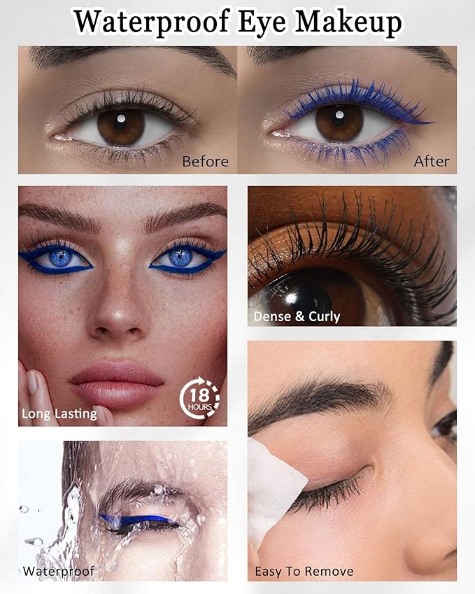 Black Waterproof Mascara & Eyeliner, 5D Silk Fiber Lash Extension Colored Tube Mascara Volume and Length,Long-Lasting Smudge-Proof Volumizing Colorful Máscara and Liquid Eyeliner Pen Set for Women