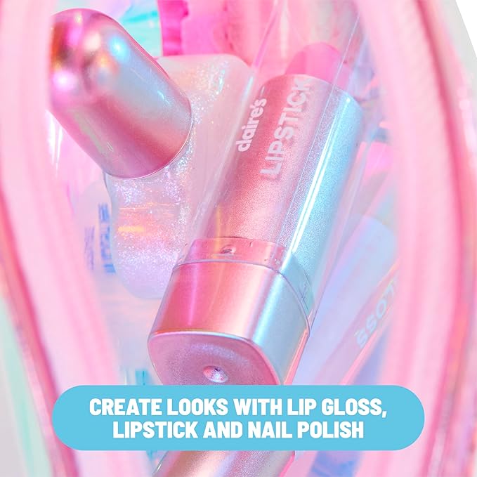 Claire's Glam Essentials Kids Makeup Kit, 4-Piece Real Cosmetic Set with Mini Pouch, Lip Gloss, Lipstick & Nail Polish, Pretend Play Make Up for Kids Ages 6+, Girl Toys & Beauty Activity Gift