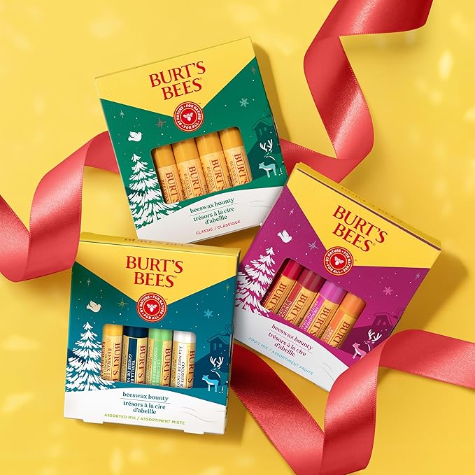 Burt's Bees Christmas Gifts, 4 Lip Balm Stocking Stuffers Products, Assorted Mix Set - Classic Beeswax, Vanilla, Cucumber Mint & Coconut and Pear (4-Pack)
