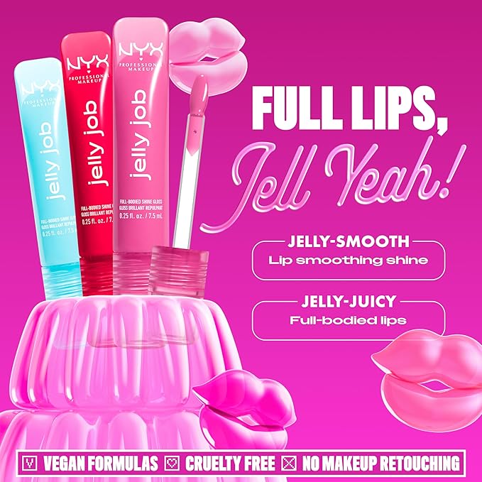 NYX PROFESSIONAL MAKEUP Jelly Job Lip Gloss, Lip Tint Gloss with Full-Bodied, Smoothing, and Hyper-Glossy Shine - Juicy Jelly (Bright Pink)