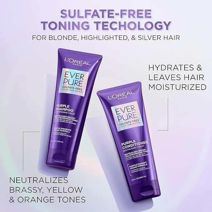 L’Oreal Paris EverPure Sulfate Free Brass Toning Purple Shampoo and Conditioner Set for Blonde, Bleached, Silver, or Brown Highlighted Hair, 1 Kit (Pack of 3)