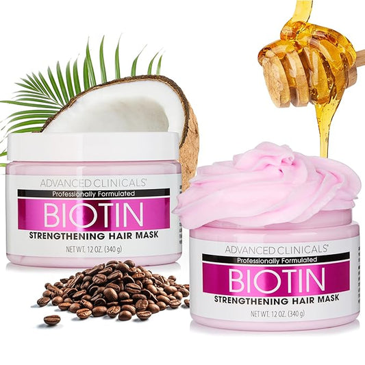 Advanced Clinicals Biotin Hair Treatment Anti-Breakage Repair Hair Mask. Strengthen Broken, Color-Treated Hair W/Repairing Deep Conditioner Manuka Honey & Caffeine To Restore Weak Hair, (Pack Of 2)