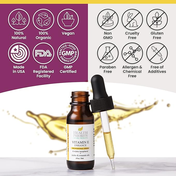 Health Priority Naturals|Vitamin E Oil - for Face/Hair - Organic, Handmade, Non-GMO, Gluten-Free, Vegan - For Scars, Wrinkles, Stretch Marks - Scented, 15,000 IU, 0.5 Fl Oz