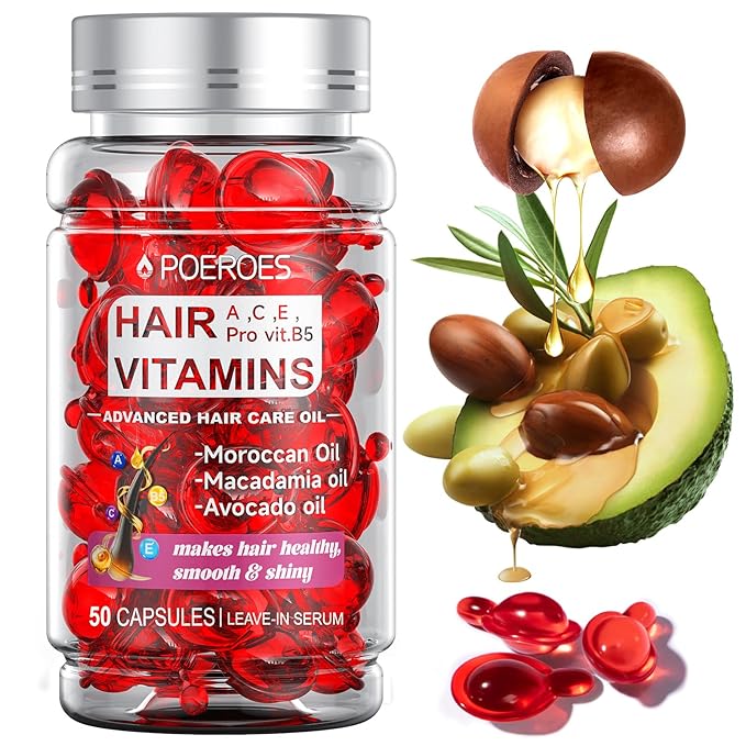 POEROES Hair Oil 50 Capsules - Hair Vitamins A C E Pro B5 - Hair Treatment Serum - Hair Serum for Frizzy and Damaged Hair - Argan & Avocado Oil - Leave in Conditioner for Women & Men