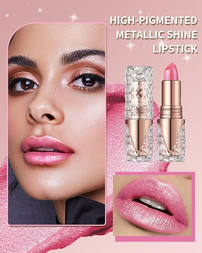 Glitter Metallic Shimmer Coral Nude Pink Lipstick Long Lasting,Diamond High Pigmented Red Metallic Matte Liquid Lipstick Non-stick Lip Gloss,Transferproof Lip Color Lip Stick Makeup for Women-02