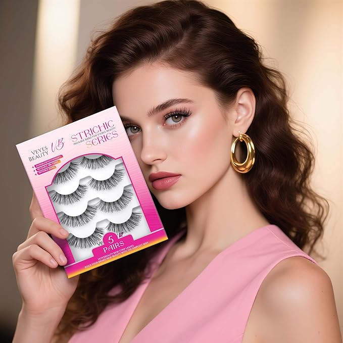 VEYESBEAUTY False Eyelashes Wispy Lashes Lightweight Natural Look Fluffy 3D Layered Volume Faux Mink Thin & Invisible Band Dreamy Lashes, Comfortable and Reusable, 5 Pairs