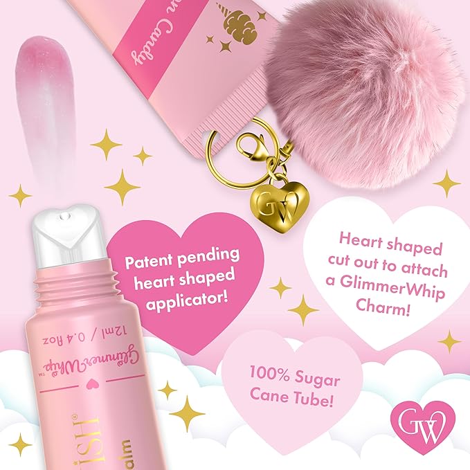 Glimmer Whip – Whipped Lip Balm Dream Set, 5-Flavor Organic Lip Butter Gift Set with Heart-Shaped Applicator, Pink Poof Charm, Dermatologist Tested, Hydrating Organic Oils & Butters, Cruelty-Free