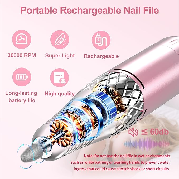 Electric Nail Drill Machine Professional, Cordless Rechargeable Nail Drill Kit Low Heat Quiet E-File for Acrylic Gel Polishing Removing with Bits Kit for Manicure Salon Home (Pink)