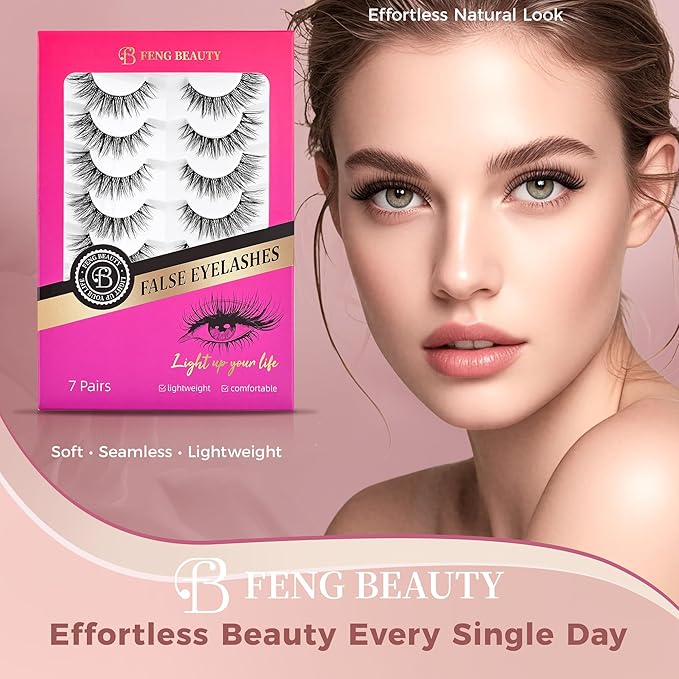 Clear Band Natural False Eyelashes – Lightweight Wispy Lash Strips for Daily Wear, Invisible Band Natural Cat Eye Look, 7 Pairs Reusable
